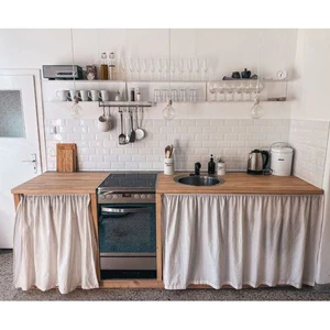 Rèm bếp, rèm che tủ kệ vải thô họa tiết vintage. rèm dán tường phong cách Hàn Quốc