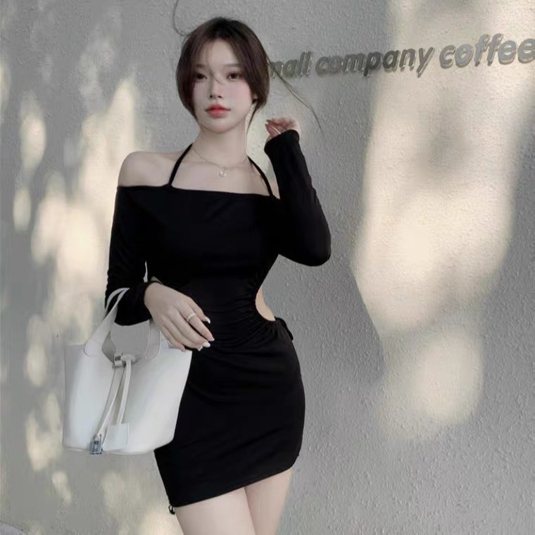 Đầm Body Trễ Vai Dài Tay RANSHI Thiết Kế Hở Eo Phối Dây Choàng Cổ Siêu Quyến Rũ Váy Thu Đông Ôm Sát Tôn Dáng - RBD108