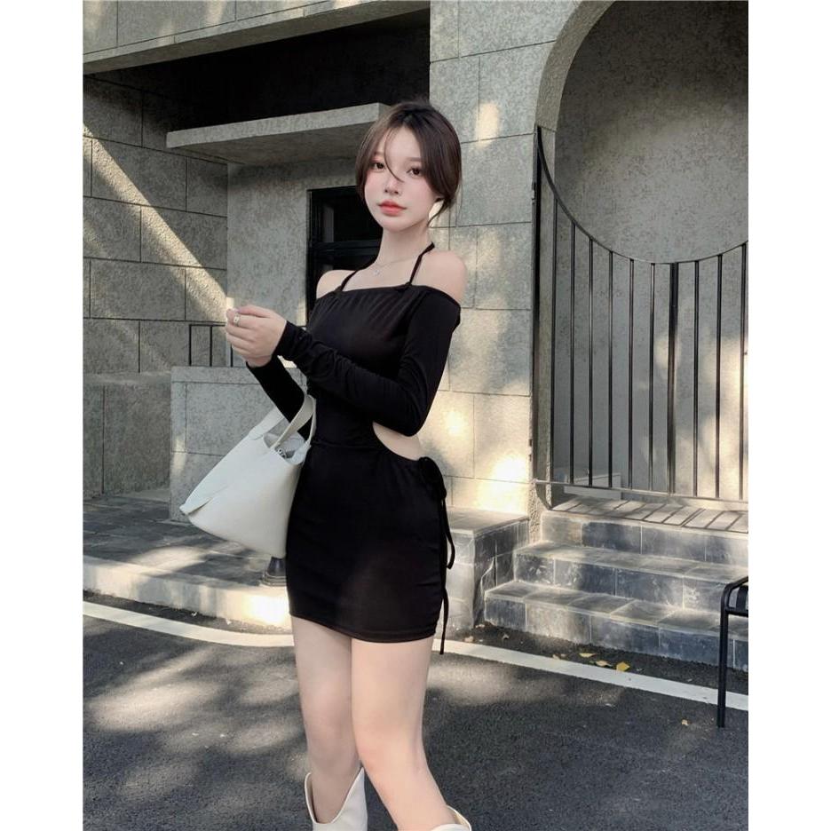 Đầm Body Trễ Vai Dài Tay RANSHI Thiết Kế Hở Eo Phối Dây Choàng Cổ Siêu Quyến Rũ Váy Thu Đông Ôm Sát Tôn Dáng - RBD108