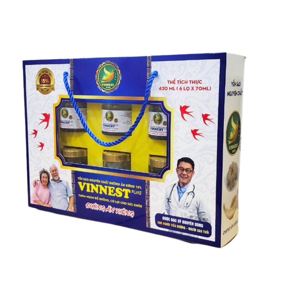 Yến Sào Đường Ăn Kiêng Nguyên Chất VINNEST PLUS 15% (Hộp 6 Lọ 70ml) - Yến Chưng Thơm Ngon Bổ Dưỡng