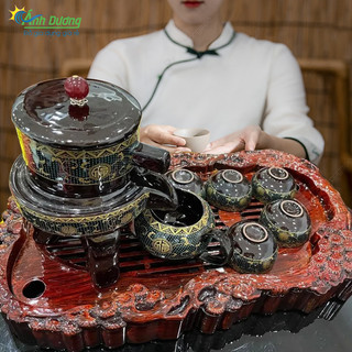 Khay Trà Tùng Hạc Nhựa Giả Gỗ, Khay đựng Bộ ấm Trà Phong Thủy