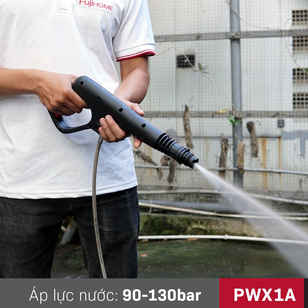 Máy rửa xe phun áp lực cao mô tơ cảm ứng từ Fujihome PWX1A, máy xịt rửa mini chỉnh áp lực nước chống giật an toàn