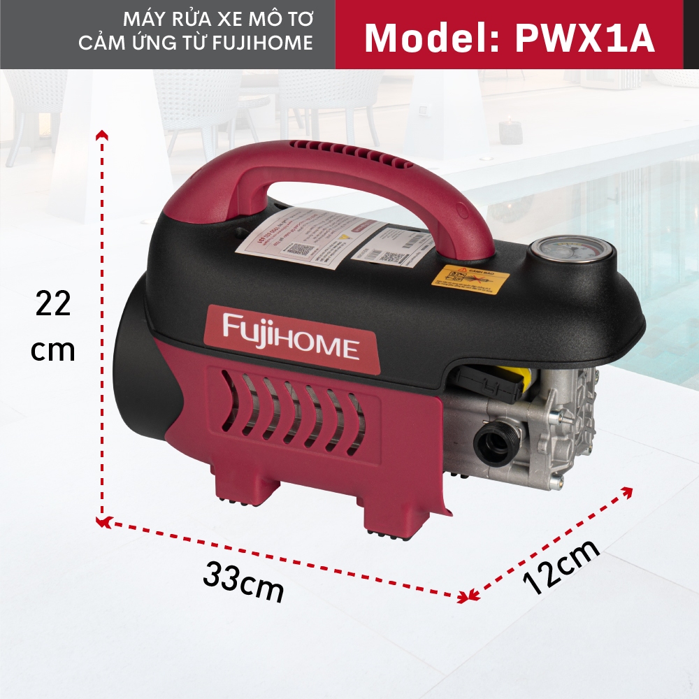 Máy rửa xe phun áp lực cao mô tơ cảm ứng từ Fujihome PWX1A, máy xịt rửa mini chỉnh áp lực nước chống giật an toàn