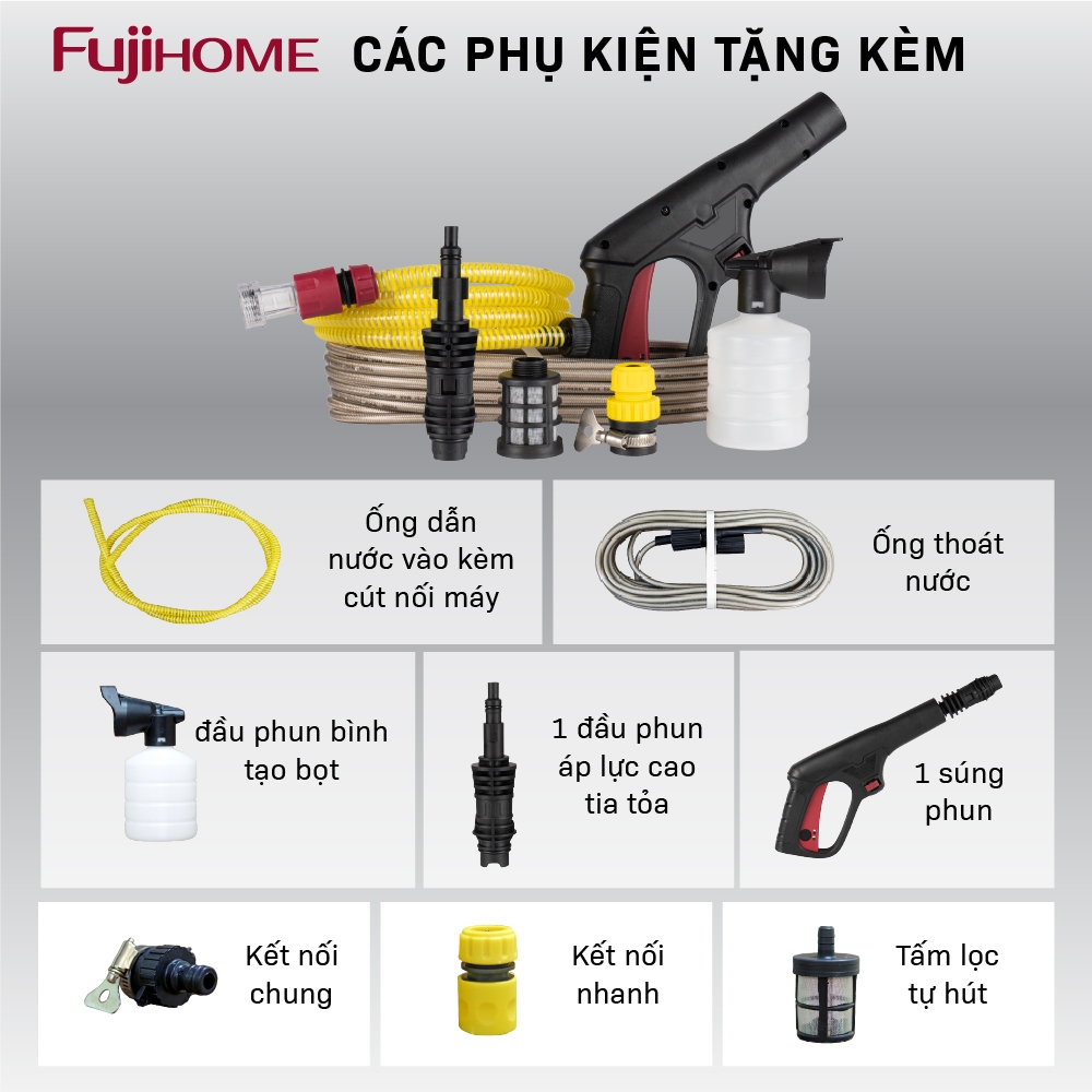 Máy rửa xe phun áp lực cao mô tơ cảm ứng từ Fujihome PWX1A, máy xịt rửa mini chỉnh áp lực nước chống giật an toàn