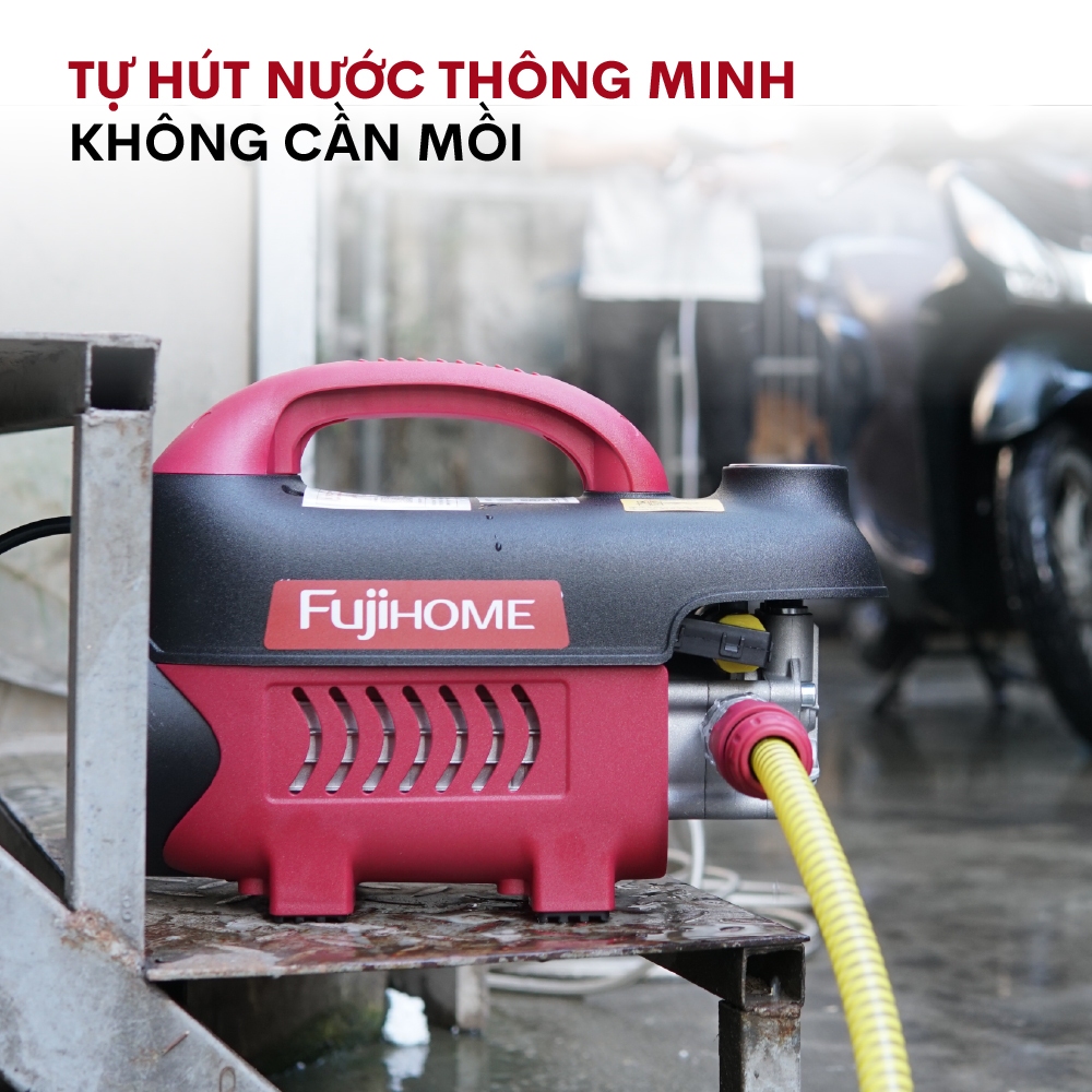 Máy rửa xe phun áp lực cao mô tơ cảm ứng từ Fujihome PWX1A, máy xịt rửa mini chỉnh áp lực nước chống giật an toàn