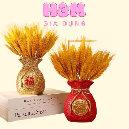 Bình hoa hình túi tiền , tượng trưng tài lộc may mắn, bình hoa đồng tiền cắm bông lúa mạch