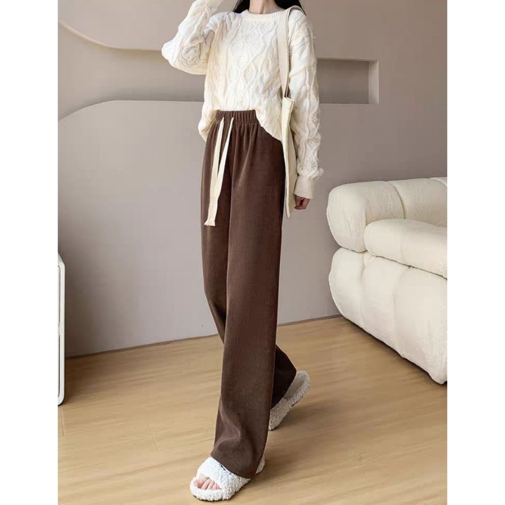 Quần Ống Rộng Nữ Thun Len Suông Mượt Vải Đẹp Loại 1, Thắt Dây Thòng Thời Trang Thu Đông Hàn Quốc