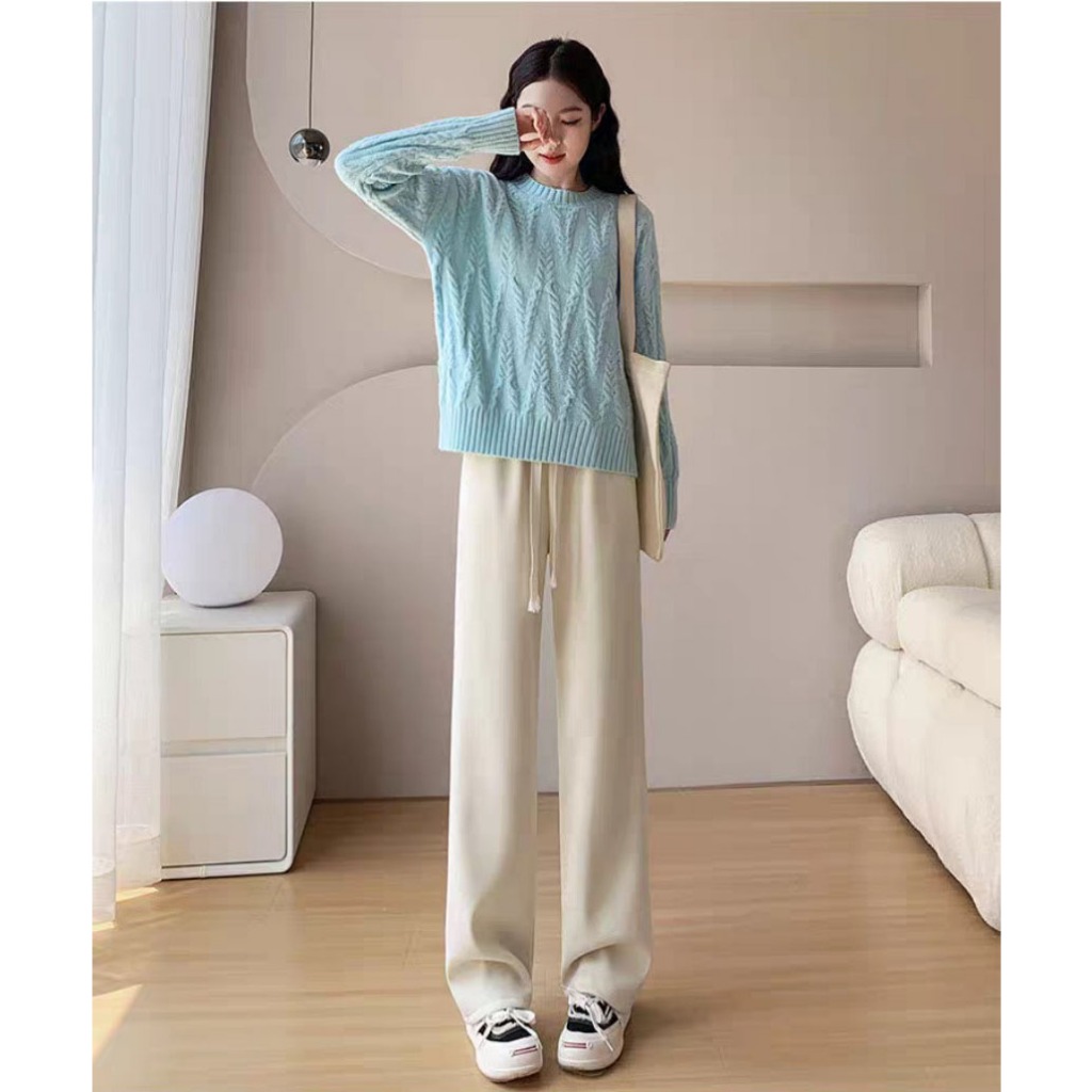 Quần Ống Rộng Nữ Thun Len Suông Mượt Vải Đẹp Loại 1, Thắt Dây Thòng Thời Trang Thu Đông Hàn Quốc