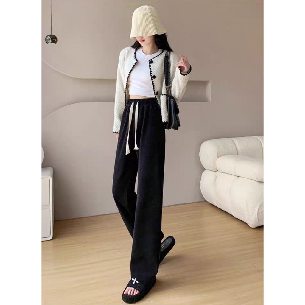 Quần Ống Rộng Nữ Thun Len Suông Mượt Vải Đẹp Loại 1, Thắt Dây Thòng Thời Trang Thu Đông Hàn Quốc