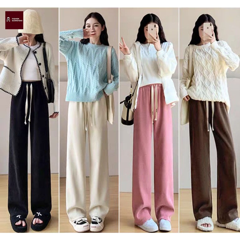 Quần Ống Rộng Nữ Thun Len Suông Mượt Vải Đẹp Loại 1, Thắt Dây Thòng Thời Trang Thu Đông Hàn Quốc