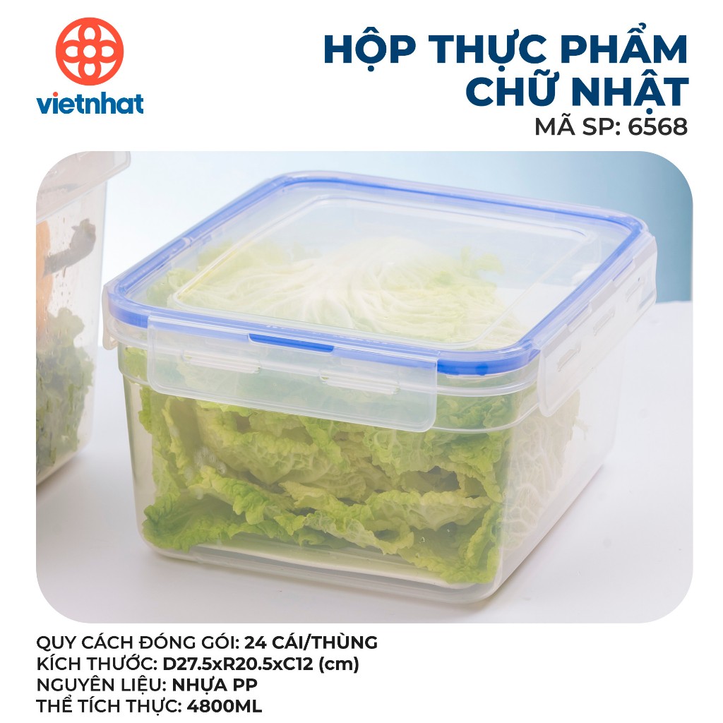 Hộp thực phẩm chữ nhật cỡ lớn 4800 - 7000ml Việt Nhật, Hộp đựng thực phẩm bảo quản rau củ hoa quả thức ăn trong tủ lạnh