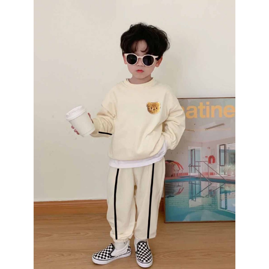Bộ nỉ bé trai và bé gái , sét bộ quần áo gấu thêu phối sọc viền Đồ Bộ Trẻ Em Thu Đông Mùa Đông Mặc Đẹp Mẫu Mới - SSL