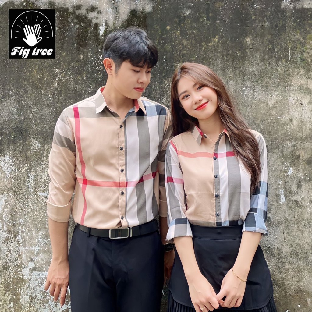 Áo Sơ Mi Cặp Nam Nữ Fig Tree Caro màu Kem, Chất Cotton mềm mát, Áo Sơ Mi Nam Nữ Cá Tính, Nhiều size
