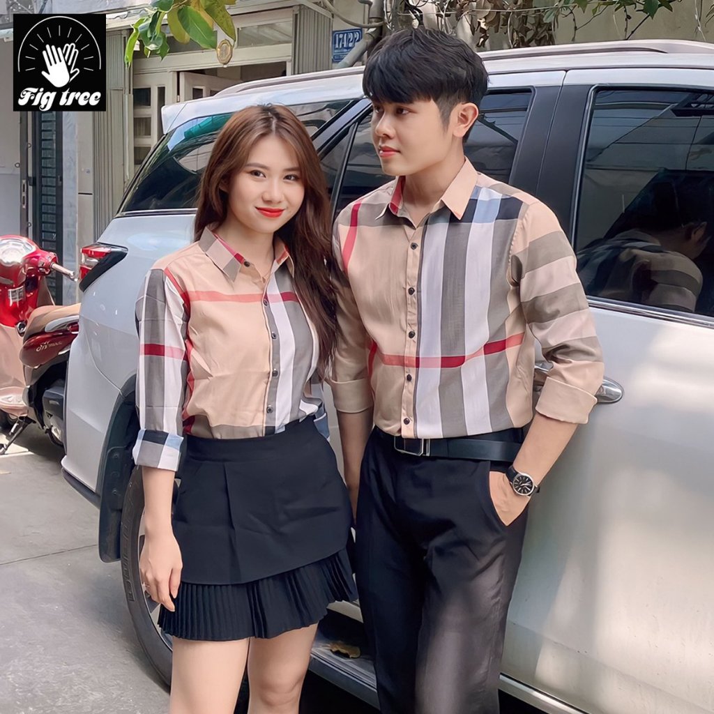 Áo Sơ Mi Cặp Nam Nữ Fig Tree Caro màu Kem, Chất Cotton mềm mát, Áo Sơ Mi Nam Nữ Cá Tính, Nhiều size