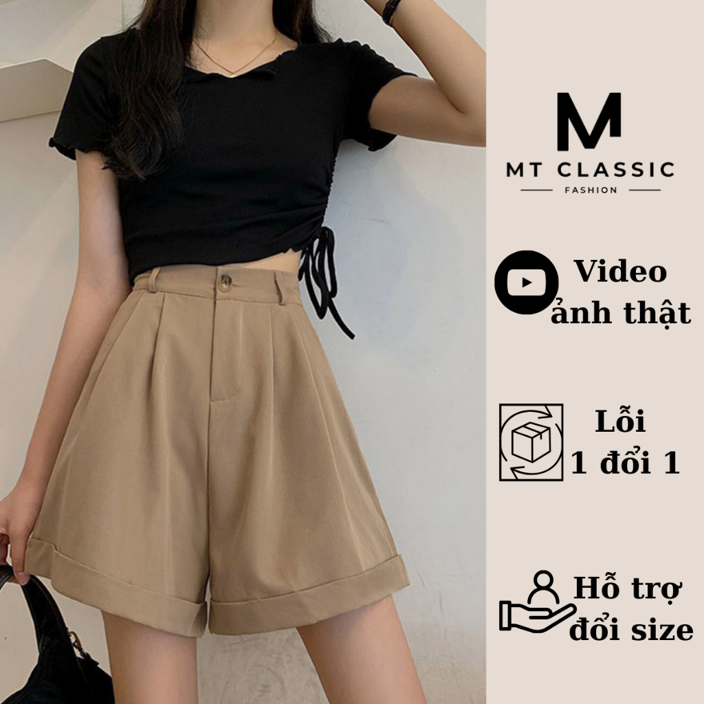 (Hỏa tốc HCM) Quần short lưng cao nữ, quần đùi lửng lai gập  xếp ly có túi và lưng phía sau chun co giãn - MT Classic