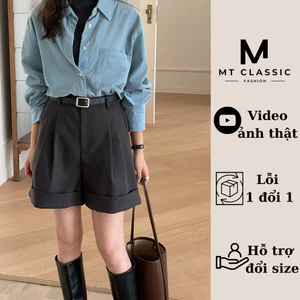 Quần short lưng cao nữ, quần đùi lửng lai gập xếp ly có túi và lưng phía sau chun co giãn - MT Classic