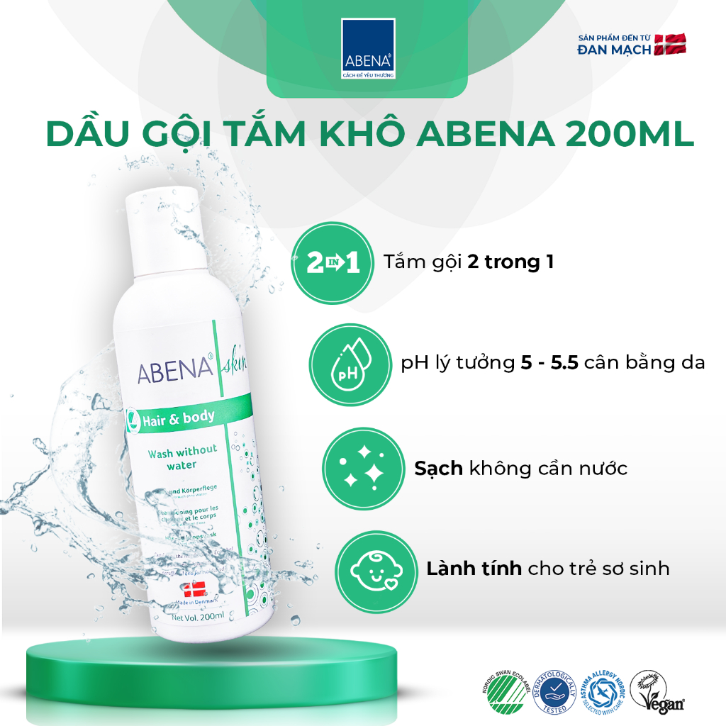 🆗.(Đã bán 875) Dầu gội tắm khô Abena làm sạch dịu nhẹ an toàn cho da - Nhập Khẩu Đan Mạch (Chai 200ML)