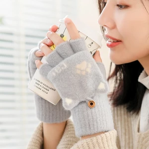 Găng tay len nữ hở ngón giữ ấm mùa đông,bao tay len lông cừu lật nửa ngón dễ thương thời trang cá tính ABICA GTL201