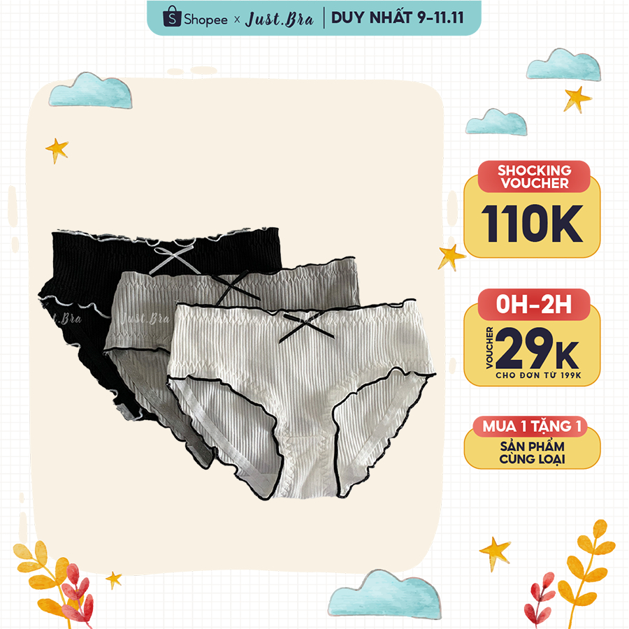 Quần lót nữ Just Bra chất liệu vải cotton thoáng khí, ôm bụng, thiết kế viền nhún phối nơ dễ thương QLOT241 spe
