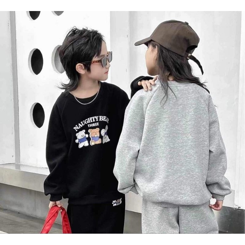 Bộ Nỉ Bé Trai, Bộ Nỉ Thu Đông Cho bé In hình gấu đáng yêu . Bộ dài tay cho bé hàng lót lông siêu mền mịn size từ 17-45kg