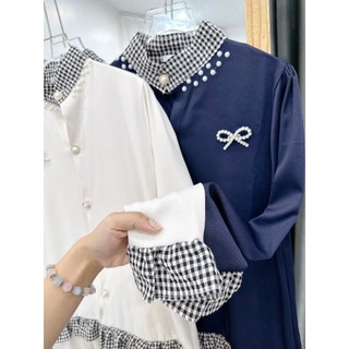 Váy Thụng Nữ Phối Bèo Kẻ Caro Cổ Tàu Cúc Ngọc Kèm Tag Nơ Đầm Cổ Ngọc Dài Tay Freesize Form Rộng