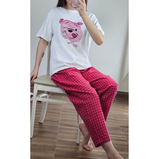 Đồ bộ nữ Quần dài kẻ Caro Áo thun Cotton in hình, Sét bộ mặc nhà Nữ Quần dài, áo ngắn tay dể thương