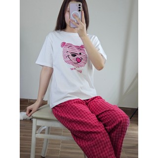 Đồ bộ nữ Quần dài kẻ Caro Áo thun Cotton in hình, Sét bộ mặc nhà Nữ Quần dài, áo ngắn tay dể thương