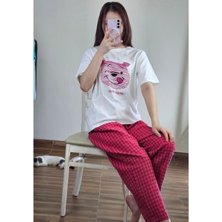 Đồ bộ nữ Quần dài kẻ Caro Áo thun Cotton in hình, Sét bộ mặc nhà Nữ Quần dài, áo ngắn tay dể thương
