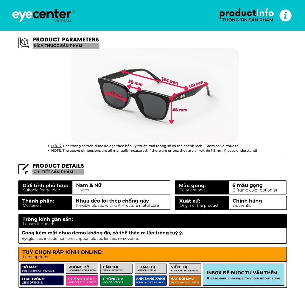 Ảnh Kính mát nam nữ chính hãng EYECENTER S64S  nhựa dẻo siêu nhẹ nhập khẩu by Eye Center Vietnam 2