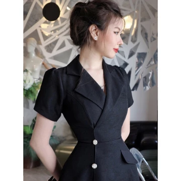 Đầm vest đen dự tiệc sang trọng chữ a tay ngắn đẹp thanh lịch thiết kế cao cấp công sở Lux W Đen vest linen gân