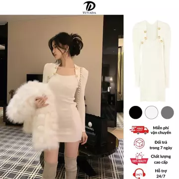 Váy ôm body dáng ngắn Tuvada, đầm body tay dài tôn dáng, Váy len body đính cúc cao cấp - VGK84