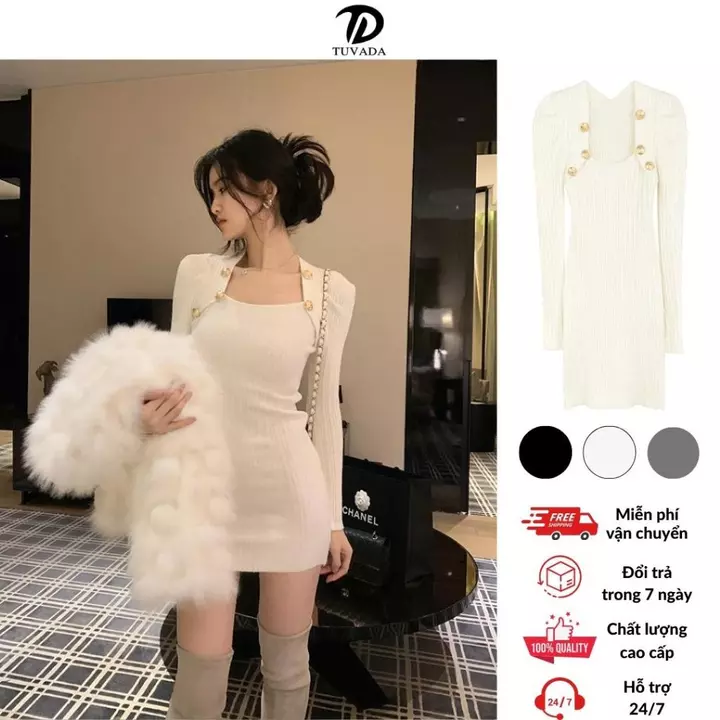 Váy ôm body dáng ngắn Tuvada, đầm body tay dài tôn dáng, Váy len body đính cúc cao cấp - VGK84