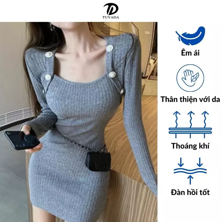 Váy ôm body dáng ngắn Tuvada, đầm body tay dài tôn dáng, Váy len body đính cúc cao cấp - VGK84