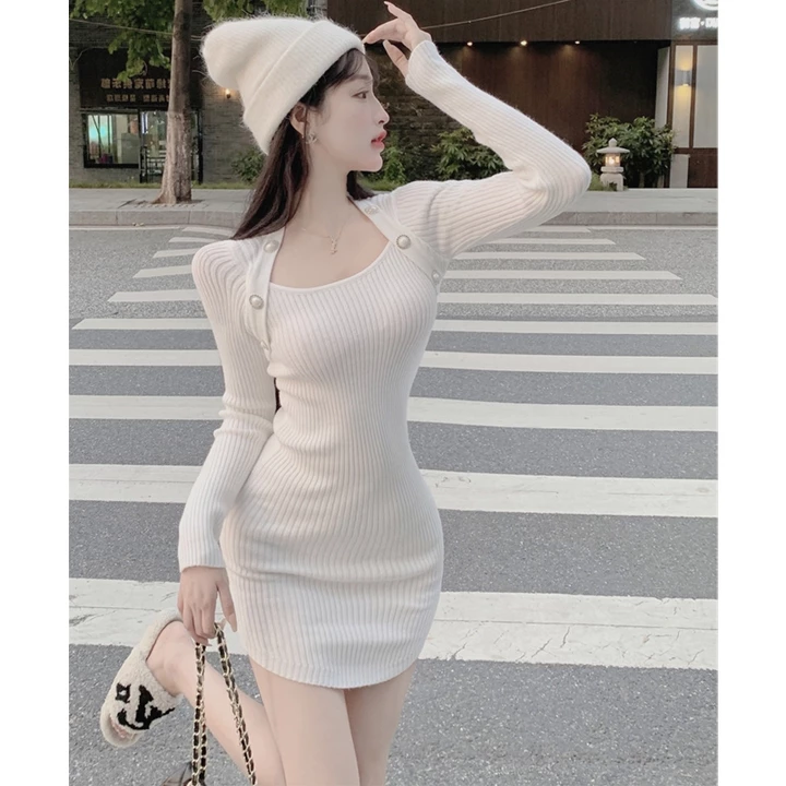 Váy ôm body dáng ngắn Tuvada, đầm body tay dài tôn dáng, Váy len body đính cúc cao cấp - VGK84