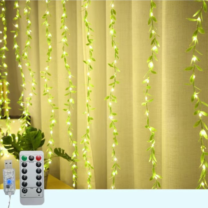[MỚI] Đèn Led Rèm Đính Lá Xanh Nhân Tạo Hiệu Ứng Nhấp Nháy Điều Khiển ...
