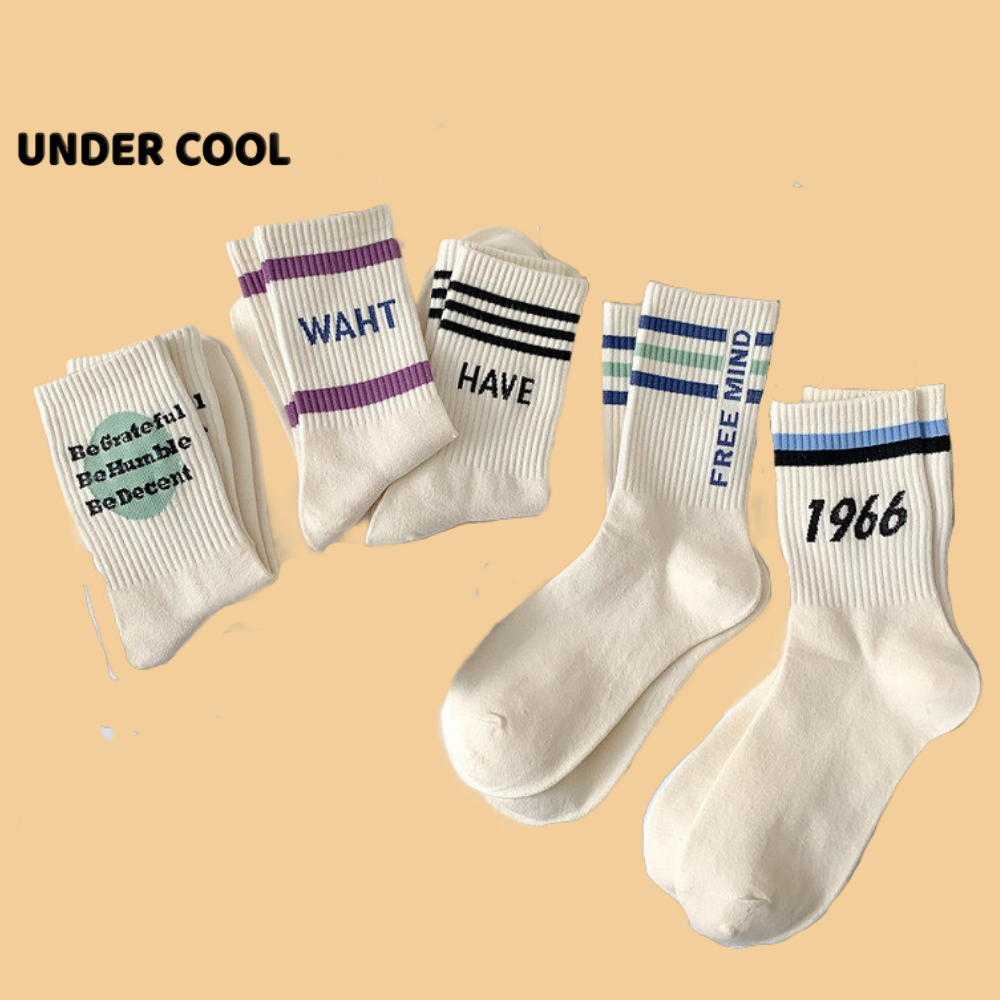 Set 5 Đôi Tất Cổ Cao UNDERCOOL Màu Trắng Kem Hoạ Tiết Kẻ Chữ Số TC12
