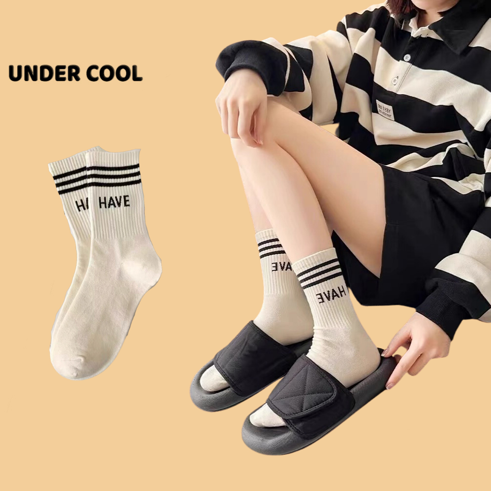 Set 5 Đôi Tất Cổ Cao UNDERCOOL Màu Trắng Kem Hoạ Tiết Kẻ Chữ Số TC12