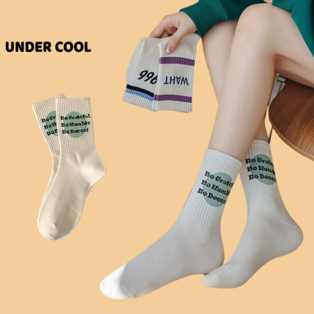 Set 5 Đôi Tất Cổ Cao UNDERCOOL Màu Trắng Kem Hoạ Tiết Kẻ Chữ Số TC12