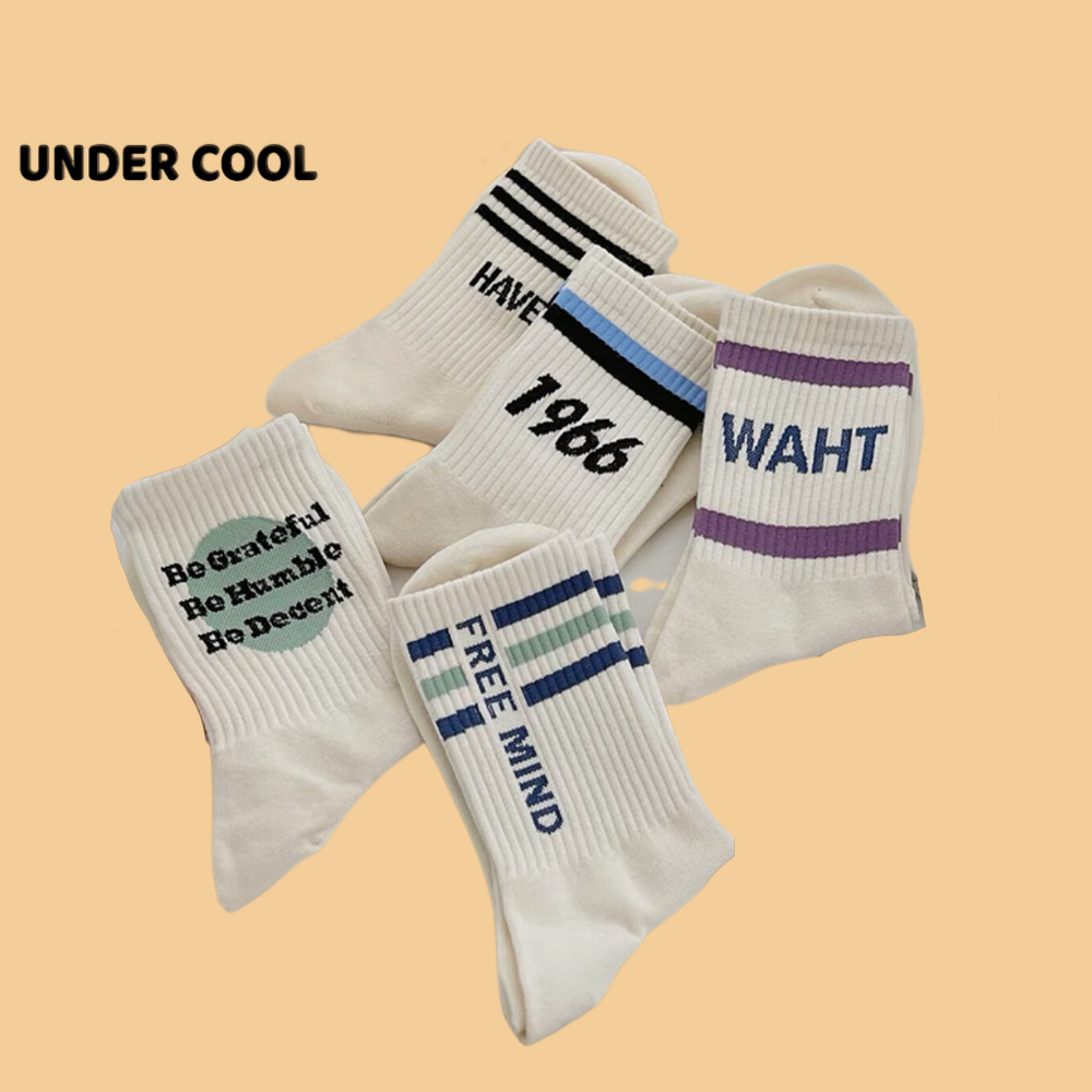 Set 5 Đôi Tất Cổ Cao UNDERCOOL Màu Trắng Kem Hoạ Tiết Kẻ Chữ Số TC12