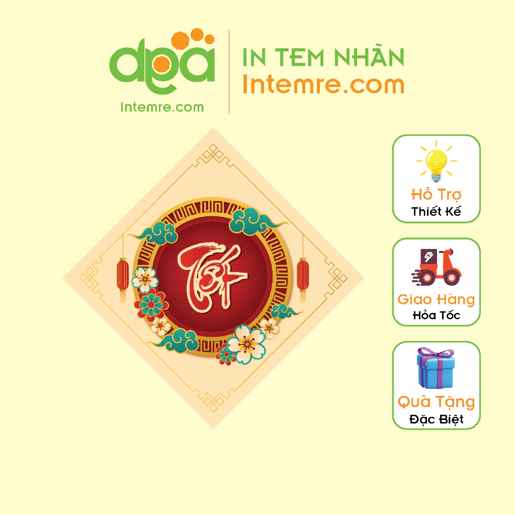 Sẳn 38 Tem Decan Giấy Intemre.com - Tết - Màu Vàng - Kích Thước: 5x5cm