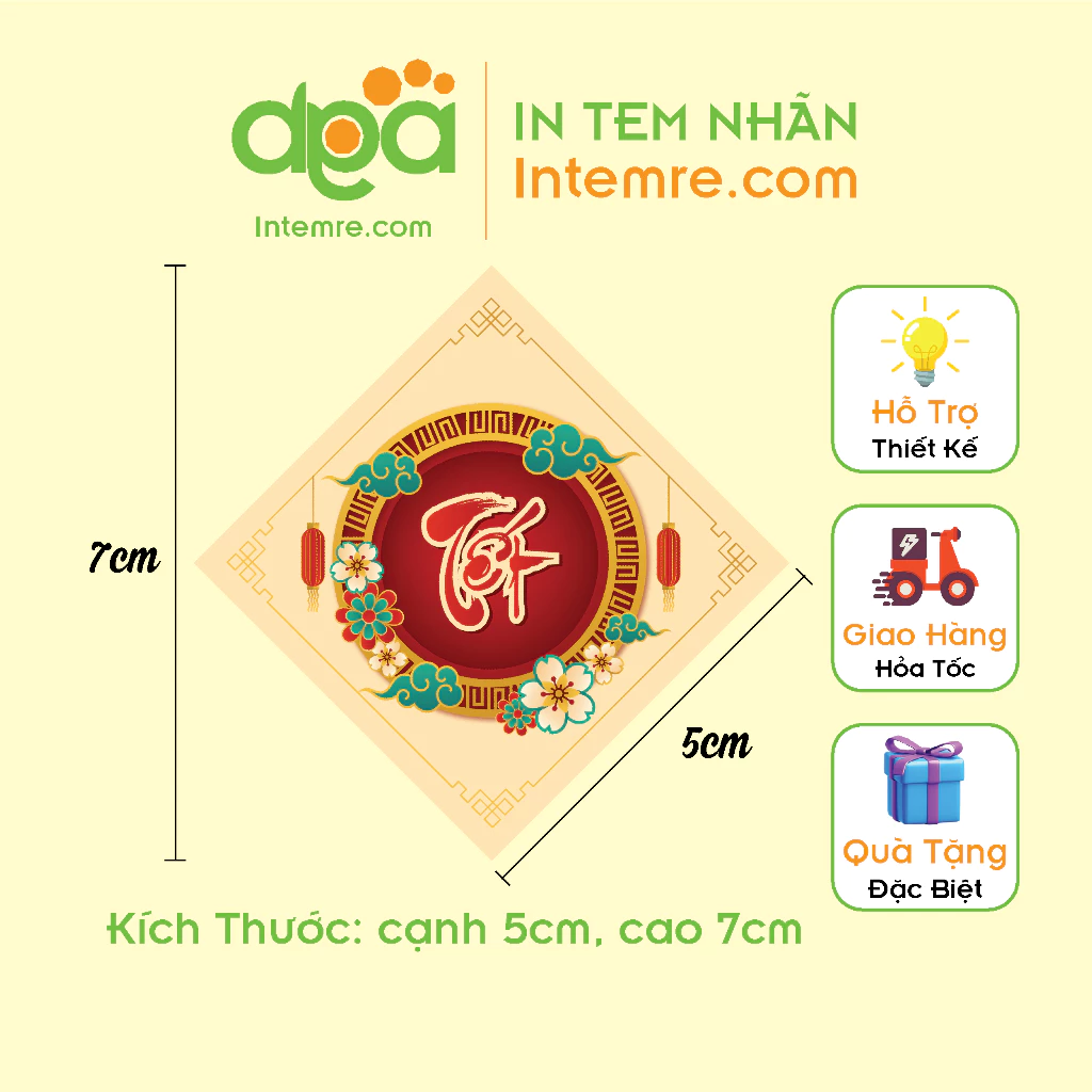 Sẳn 38 Tem Decan Giấy Intemre.com - Tết - Màu Vàng - Kích Thước: 5x5cm