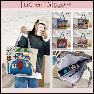 Túi tote nữ vải bố canvas thêu thổ cẩm có khóa kéo ngăn phụ cỡ lớn đựng đồ đi làm đi học T04 Lichen