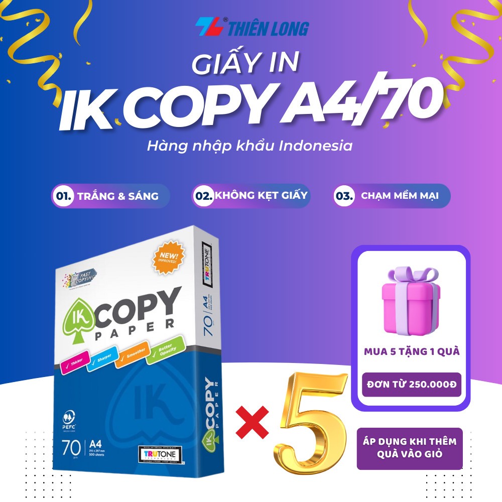Combo 5 ream Giấy A4, giấy photo IK Copy/ Copy Plus 70/80gsm 2500 tờ/thùng - Giấy in A4 Thiên Long