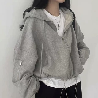 Áo khoác hoodie nỉ croptop dáng rộng rút dây phía dưới là điểm nhấn - N005 -  Áo khoác thu đông nữ hoodie zip tay bồng