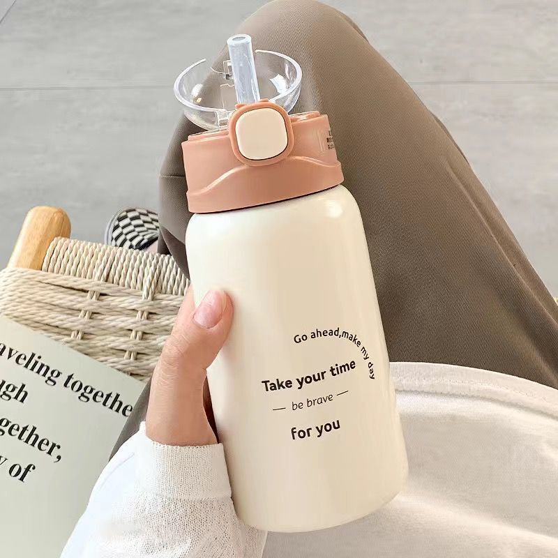 Bình Nước Giữ Nhiệt 450ml Bằng Thép Không Gỉ Thiết Kế Dễ Thương Kèm Ống Hút Tiện Dụng Cho Học Sinh