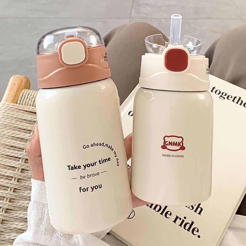 Bình Nước Giữ Nhiệt 450ml Bằng Thép Không Gỉ Thiết Kế Dễ Thương Kèm Ống Hút Tiện Dụng Cho Học Sinh