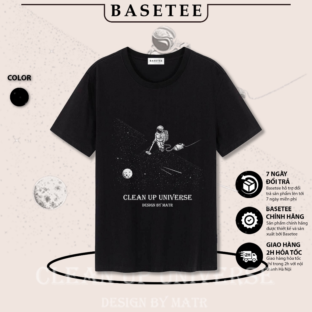 Áo thun đen in hình Clean Up Universe co dãn thấm hút mồ hôi size 40-100kg form rộng Basetee Unisex