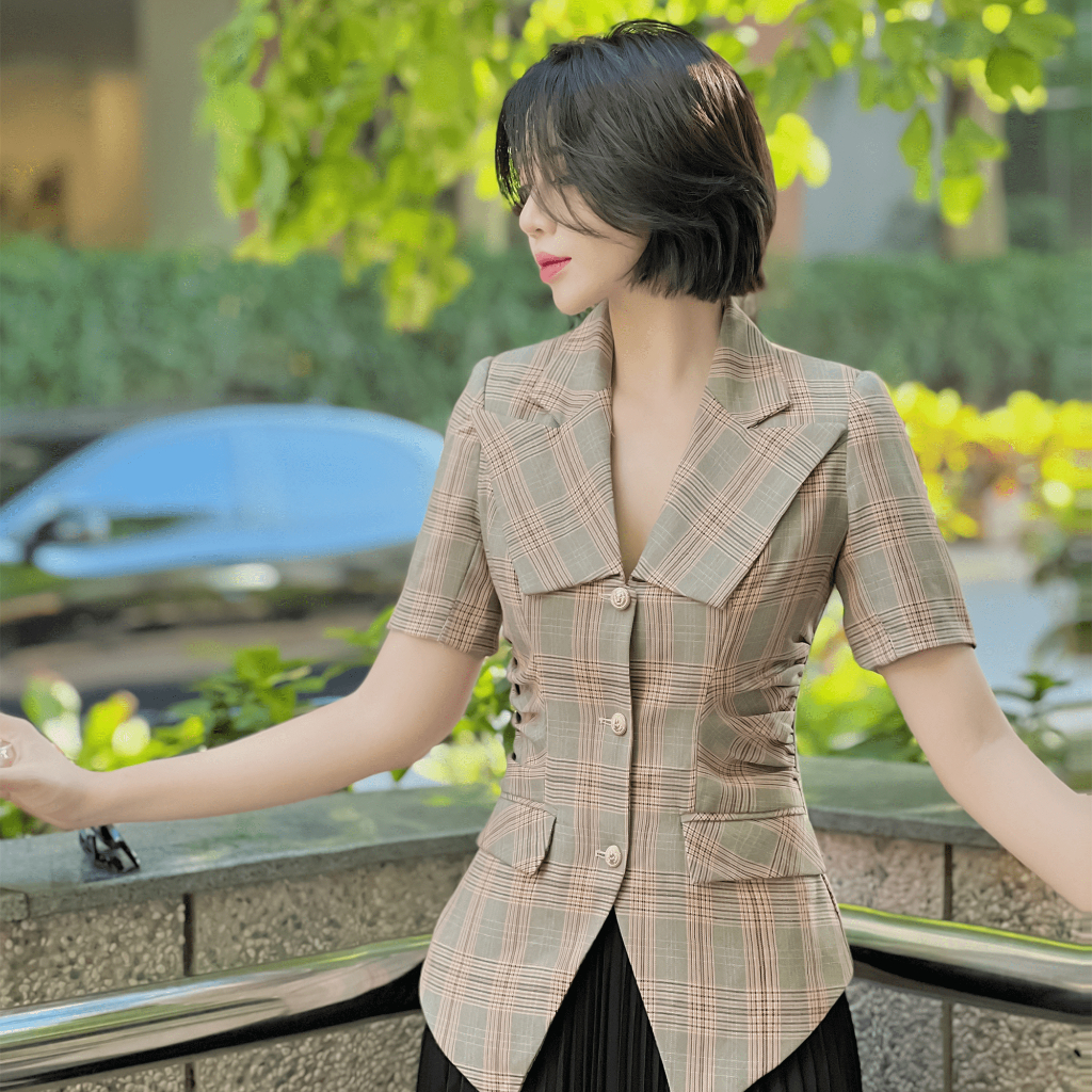 Áo vest ngắn tay nữ HAAN DESIGN chiết eo dáng công sở chất liệu tuyết mưa kẻ 2 màu cam, nâu từ 40-70kg (SM02)