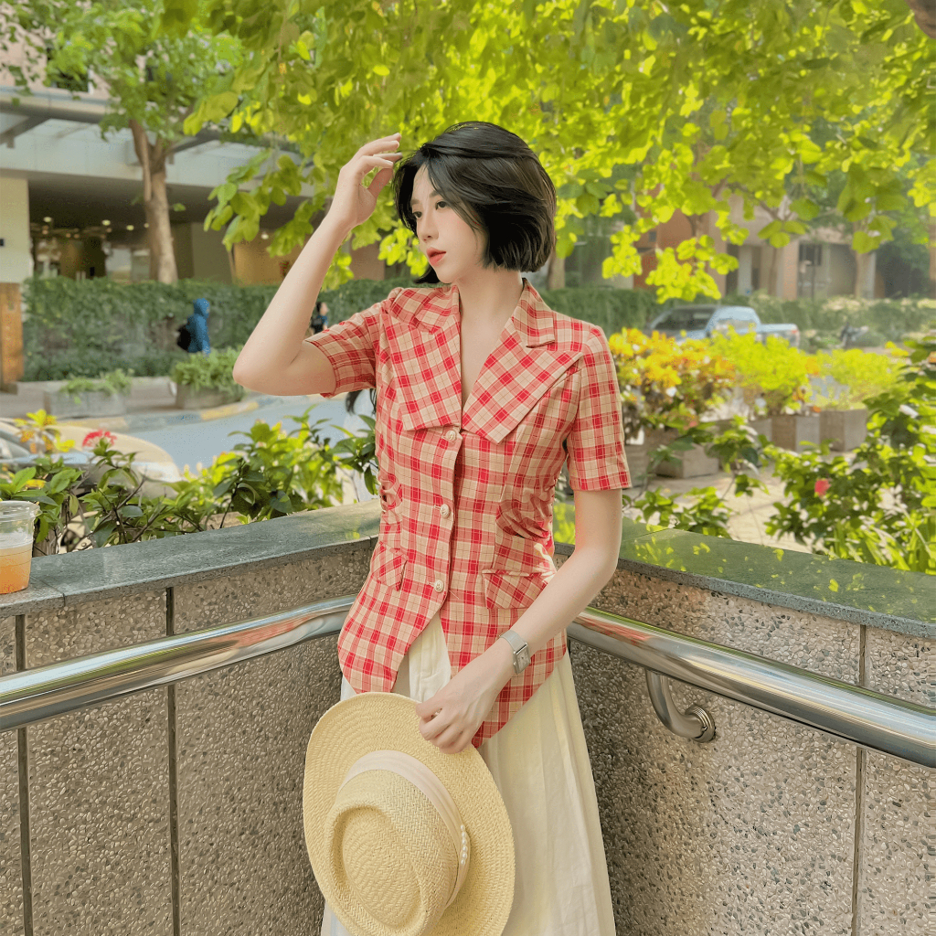 Áo vest ngắn tay nữ HAAN DESIGN chiết eo dáng công sở chất liệu tuyết mưa kẻ 2 màu cam, nâu từ 40-70kg (SM02)