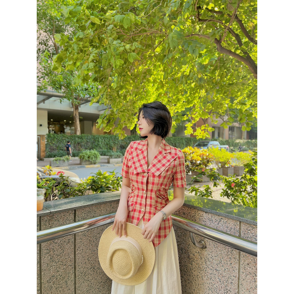 Áo vest ngắn tay nữ HAAN DESIGN chiết eo dáng công sở chất liệu tuyết mưa kẻ 2 màu cam, nâu từ 40-70kg (SM02)